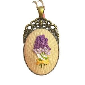 Lavender Bouquet Flower Embroidery Necklace in Decorative Bezel